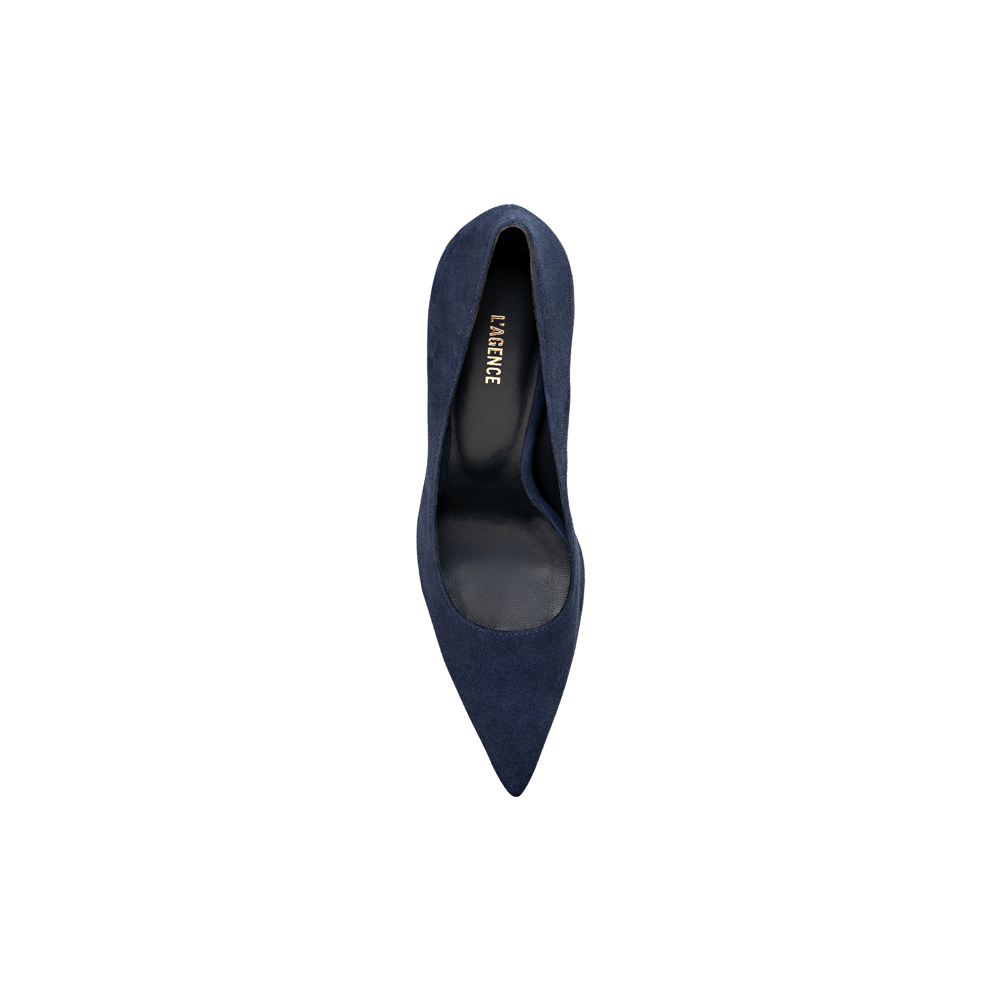 A top view of a single Maelle Suede Pump in navy blue with a pointed toe, displayed on a plain white background. The insole is black with gold text that reads NINE WEST.