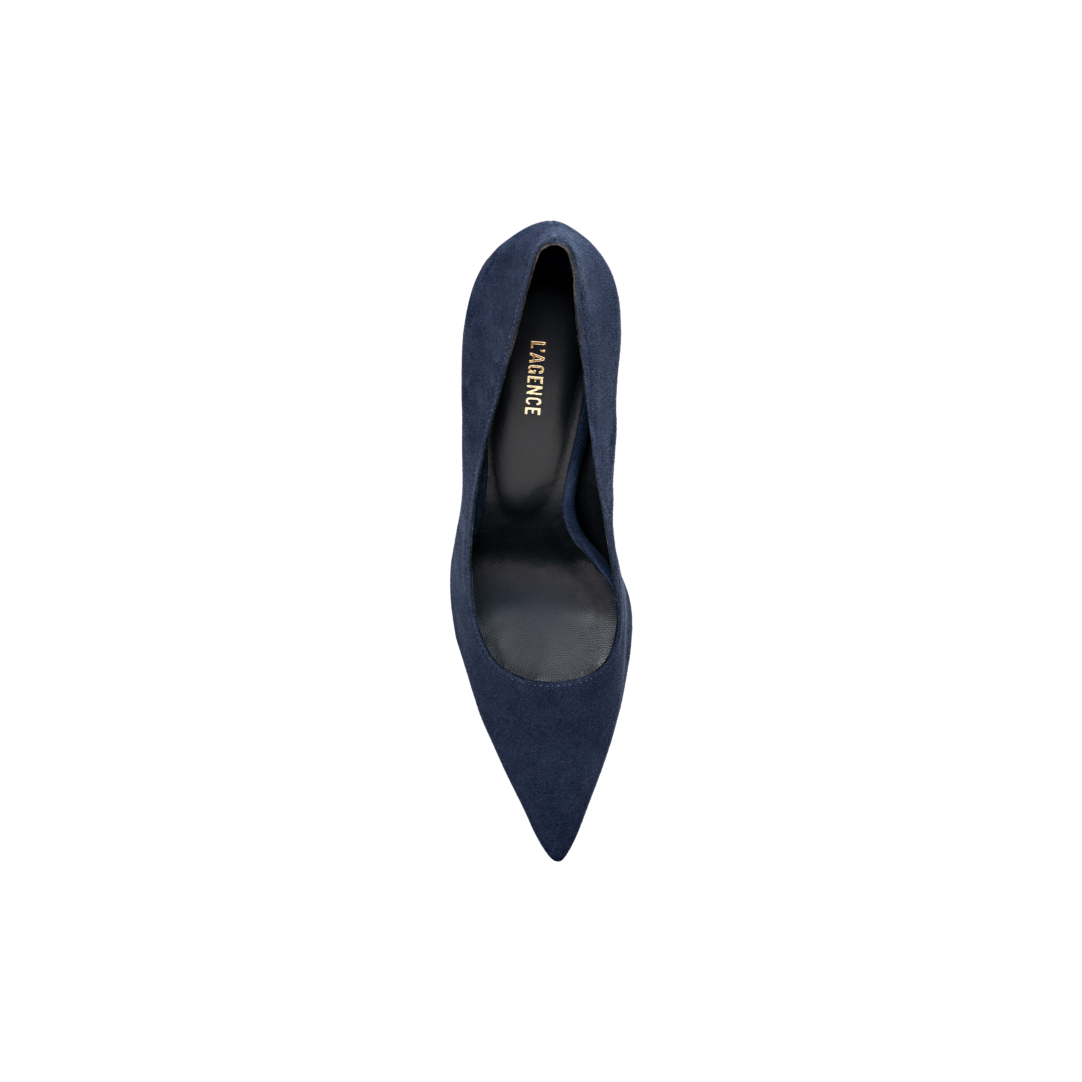 A top view of a single Maelle Suede Pump in navy blue with a pointed toe, displayed on a plain white background. The insole is black with gold text that reads NINE WEST.