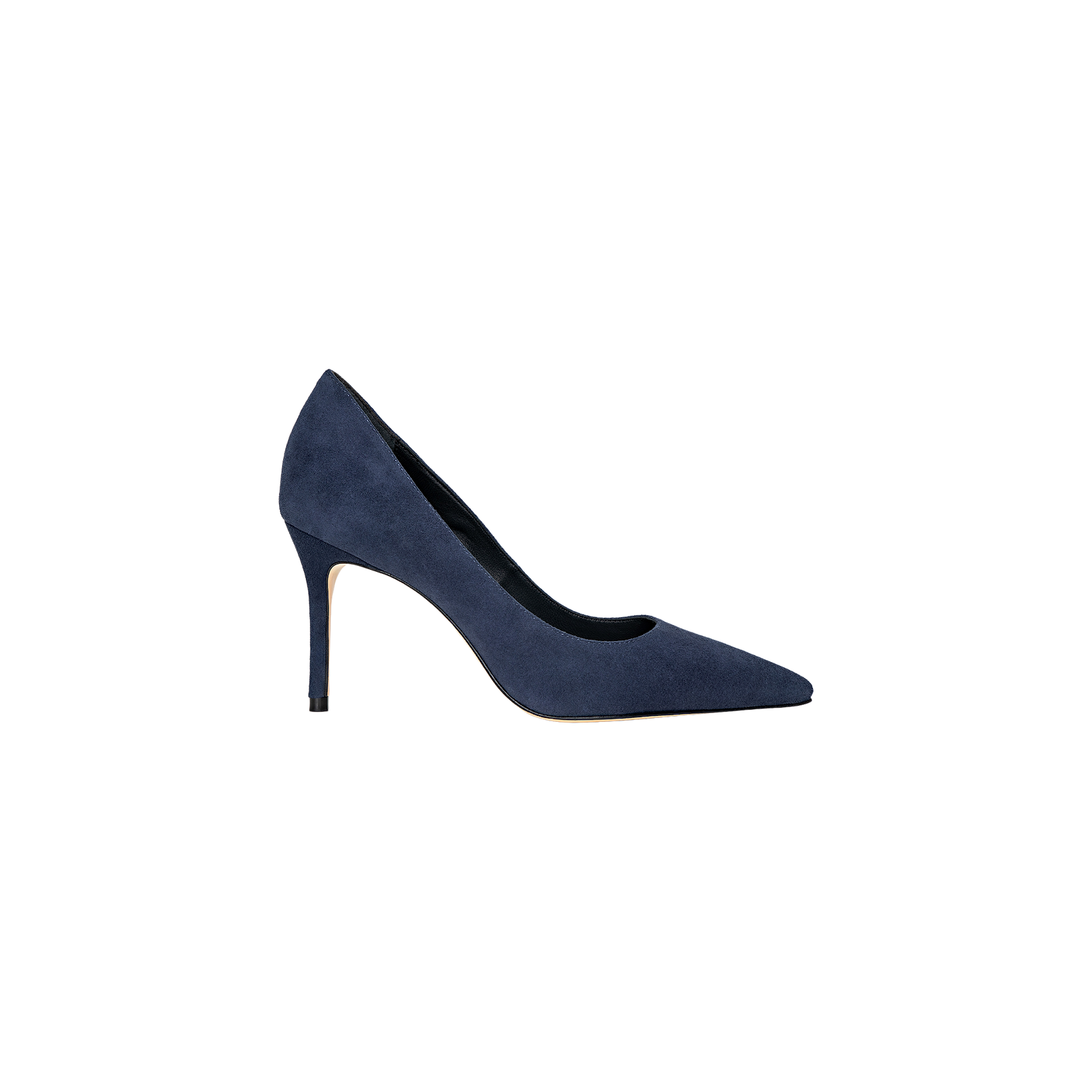 The Maelle Suede Pump is a navy blue stiletto with a pointed toe, slim high heel, and memory foam insole, displayed in profile against a plain white background.