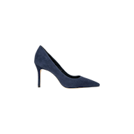 The Maelle Suede Pump is a navy blue stiletto with a pointed toe, slim high heel, and memory foam insole, displayed in profile against a plain white background.