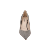 A top view of the Maelle Suede Pump in smoke grey suede, showcasing its pointed toe and stiletto heel, with a beige insole and the brand name LAWRENCE printed inside. The background is white.
