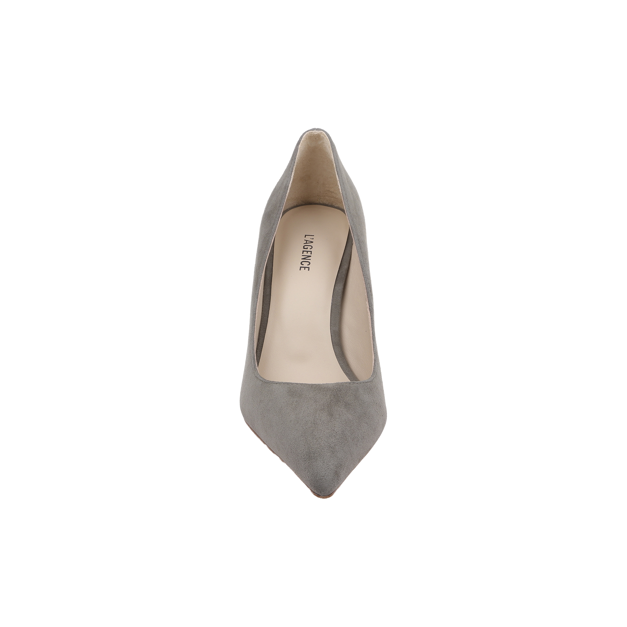 A top view of the Maelle Suede Pump in smoke grey suede, showcasing its pointed toe and stiletto heel, with a beige insole and the brand name LAWRENCE printed inside. The background is white.