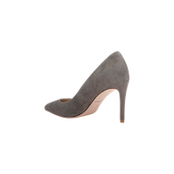 Maelle Suede Pump in smoke grey, shown from the side against a white background. This shoe features a pointed toe, slim stiletto heel, and a smooth suede finish.