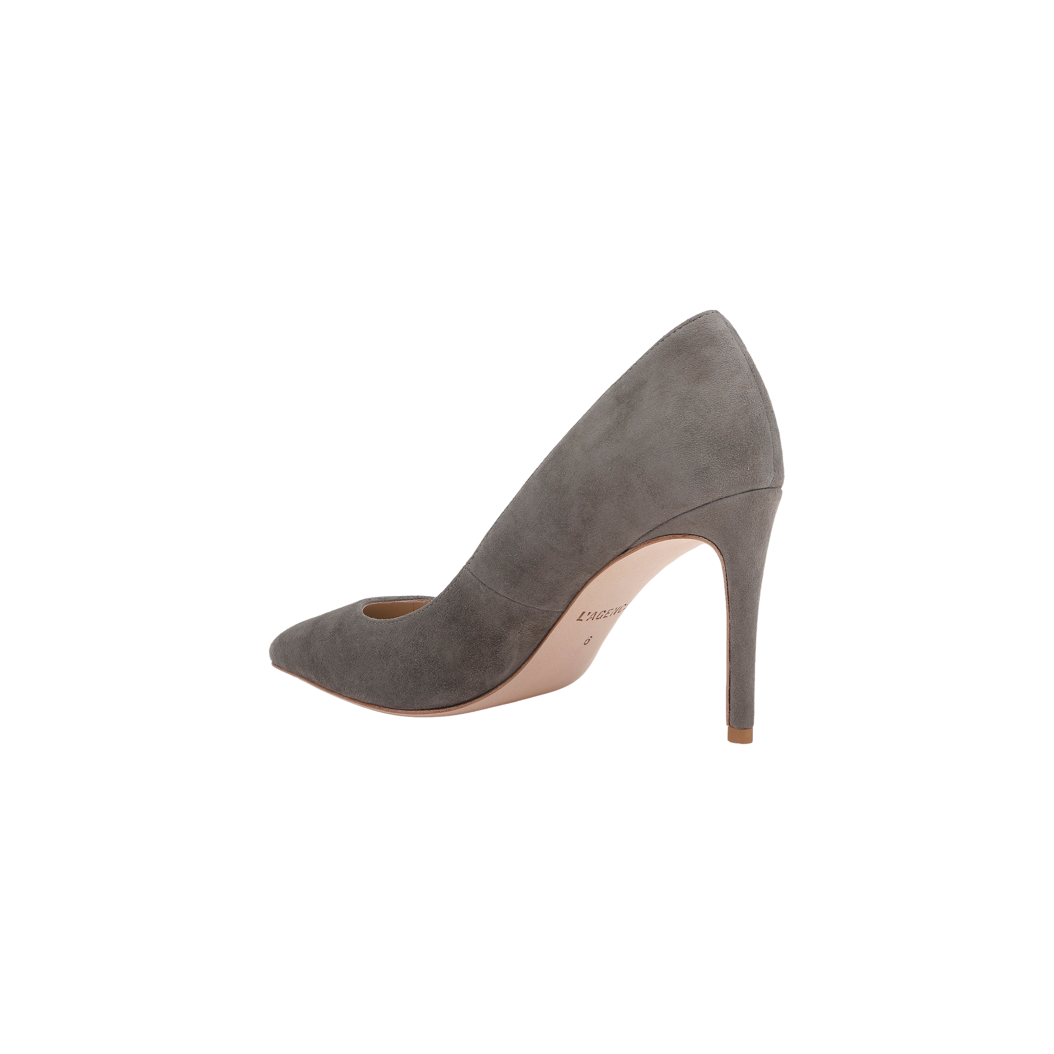 Maelle Suede Pump in smoke grey, shown from the side against a white background. This shoe features a pointed toe, slim stiletto heel, and a smooth suede finish.
