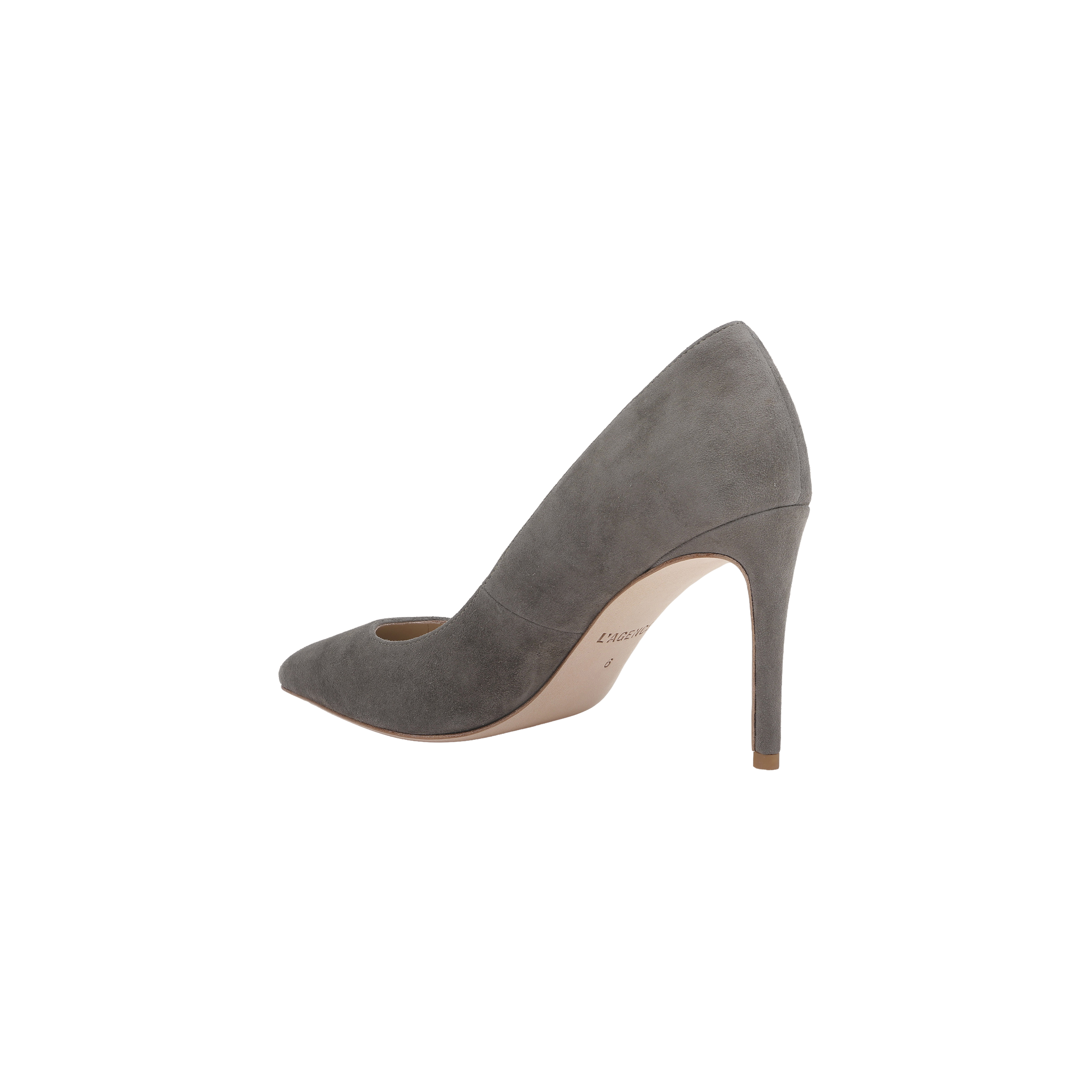 Maelle Suede Pump in smoke grey, shown from the side against a white background. This shoe features a pointed toe, slim stiletto heel, and a smooth suede finish.