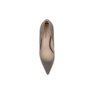The Maelle Suede Pump in smoke grey, featuring a pointed toe and stiletto heel, is viewed from above against a white background.