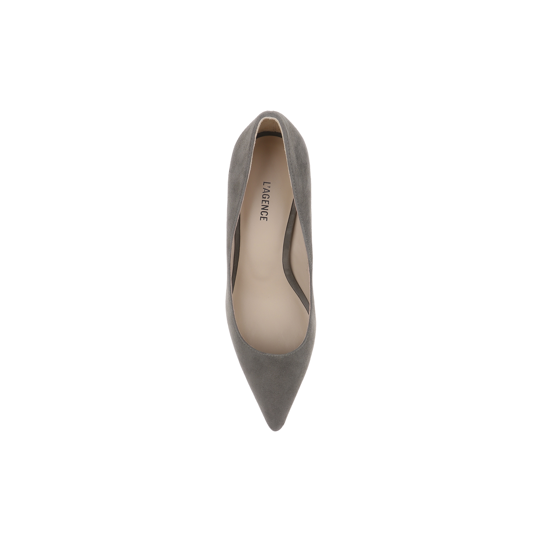 The Maelle Suede Pump in smoke grey, featuring a pointed toe and stiletto heel, is viewed from above against a white background.