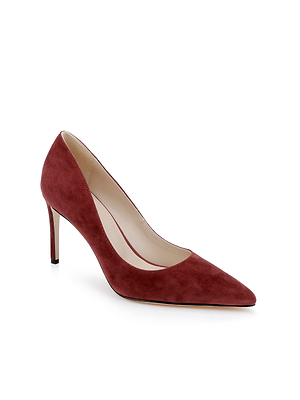 The Maelle Suede Pump is a single burgundy classic shoe with a pointed toe and slim stiletto heel, shown on a white background.