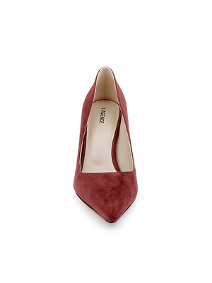 Front view of the Maelle Suede Pump, a women’s brown suede stiletto with a pointed toe, neutral insole, and VERONIQUE branding printed inside.
