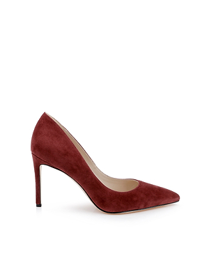 The Maelle Suede Pump—a classic maroon heel with a pointed toe and sleek stiletto—is elegantly displayed against a white background.