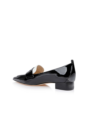 The Maelys Patent Leather Loafer is a black patent loafer with a low block heel, pointed toe, decorative front strap, and memory foam cushion for comfort, displayed in side profile on a white background.