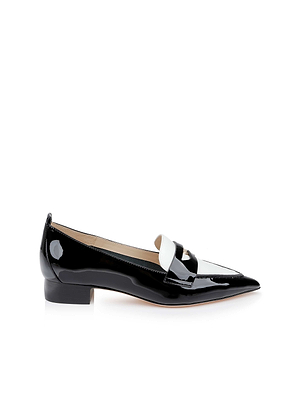 The Maelys Patent Leather Loafer features a black patent finish, pointed toe, low block heel, white accent strap, and memory foam cushioning for comfort, displayed on a plain white background.