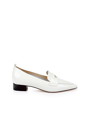 The Maelys Leather Loafer is a white leather penny loafer featuring a pointed toe, low block heel, memory foam cushioning, and a decorative upper strap, shown on a plain white background.