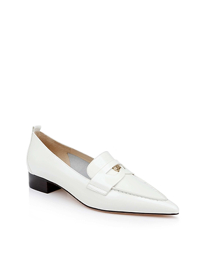 The Maelys Leather Loafer is a white leather penny loafer featuring a pointed toe, low black heel, and gold detail across the upper. Designed for women with a memory foam cushion for all-day comfort. Shown on a white background.
