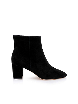 The Melanie Suede Bootie is a black suede ankle boot with a low block heel, side seam detail, memory foam cushioning for comfort, and a slightly pointed toe, shown on a white background.