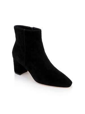 The Melanie Suede Bootie features a black suede finish, square toe, and chunky block heel, displayed against a white background.