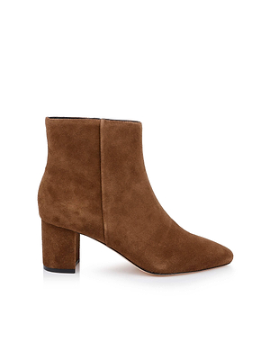 The Melanie Suede Bootie by L'AGENCE is a brown block-heel bootie with a pointed toe, displayed in a side view on a white background.
