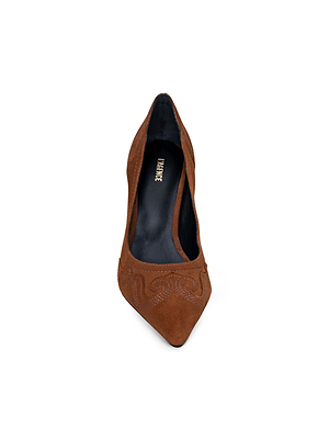 The Amandine Western Pump by L'AGENCE is a single suede shoe with a pointed toe, seen from above, featuring decorative front stitching and a black insole with gold branding.