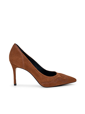 The Amandine Western Pump is a brown suede stiletto with a pointed toe and decorative stitching, shown in profile on a white background.