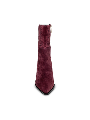 Front view of the Anne Western Bootie in burgundy suede, featuring a pointed toe, square sole, embroidered upper, and side zipper. Displayed against a plain white background.