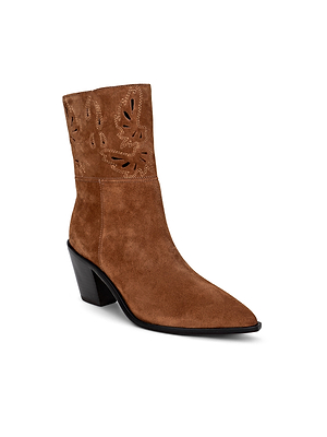 The Anne Western Bootie features brown suede, a pointed toe, angled block heel, and decorative leaf-pattern cut-outs on the upper shaft.