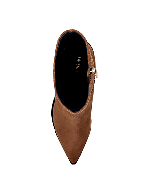 Top view of the Anne Western Bootie in brown suede, featuring a pointed toe, side zipper, and black interior lining, inspired by Western style and shown against a white background.