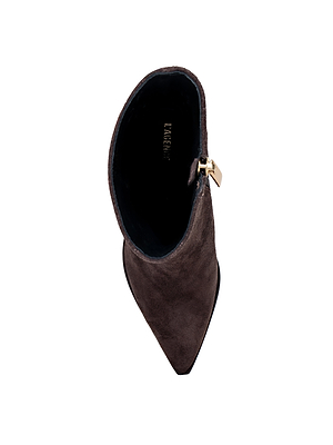 Top view of the Anne Western Bootie in dark brown suede, featuring a pointed toe and gold buckle, inspired by classic Western boots, isolated on a white background.