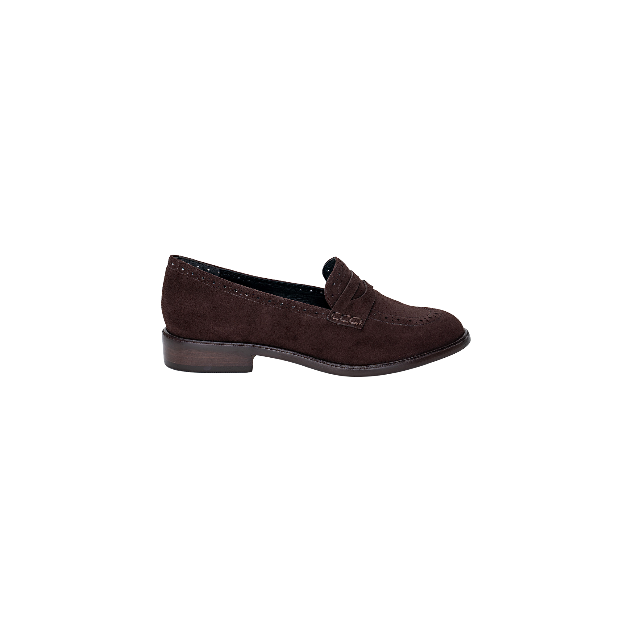 The Avriel Brogue Loafer, crafted in dark brown suede with a low heel, visible stitching, and a classic penny strap detail, is displayed on a plain white background. This elegant almond toe loafer combines timeless style with modern femininity.
