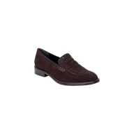 The Avriel Brogue Loafer is a women’s dark brown suede shoe featuring an almond toe, low heel, and classic penny strap, shown here as a single loafer against a plain white background.