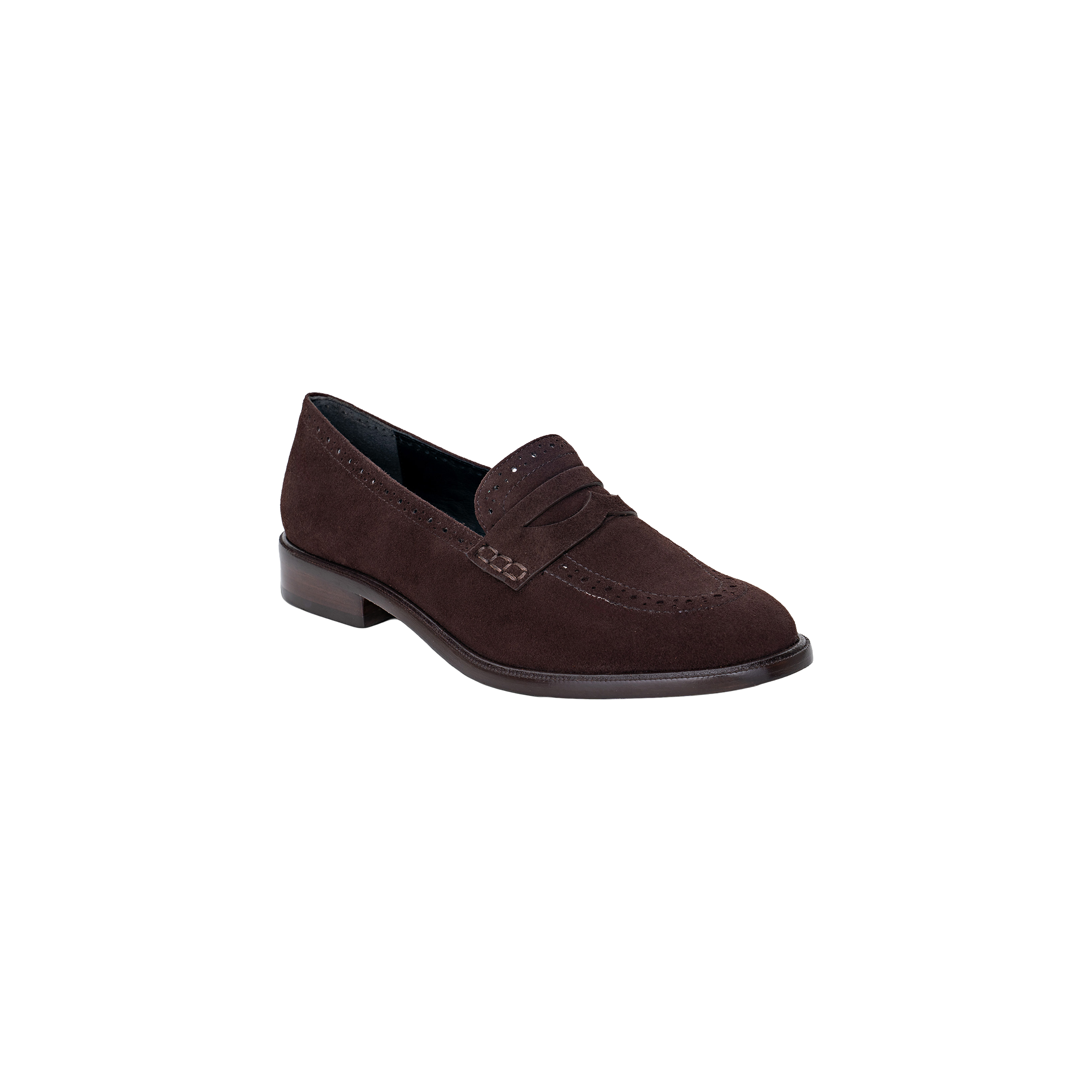The Avriel Brogue Loafer is a women’s dark brown suede shoe featuring an almond toe, low heel, and classic penny strap, shown here as a single loafer against a plain white background.