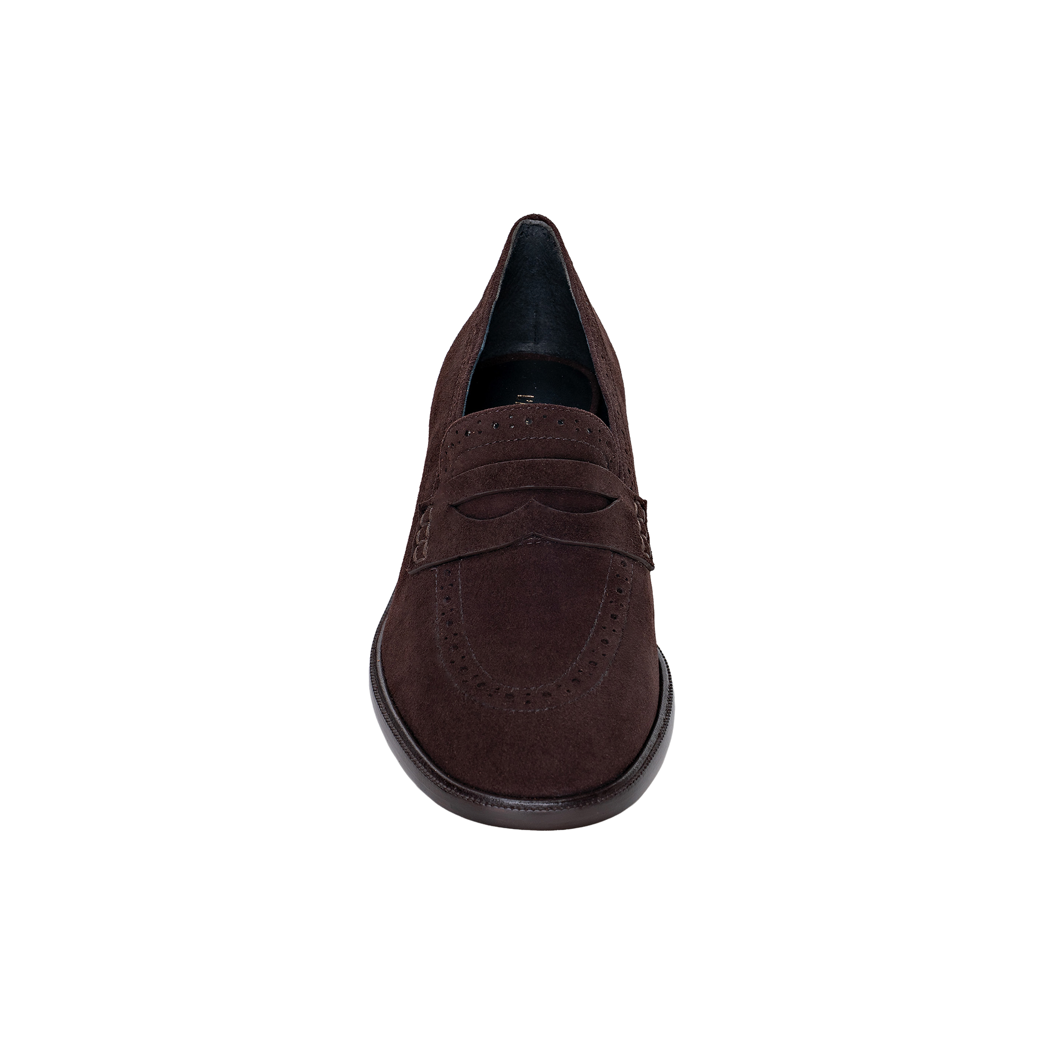 The Avriel Brogue Loafer is displayed from a top-down perspective against a white background. This women’s loafer in dark brown suede showcases classic penny loafer detailing, visible stitching, and an elegant almond toe silhouette.