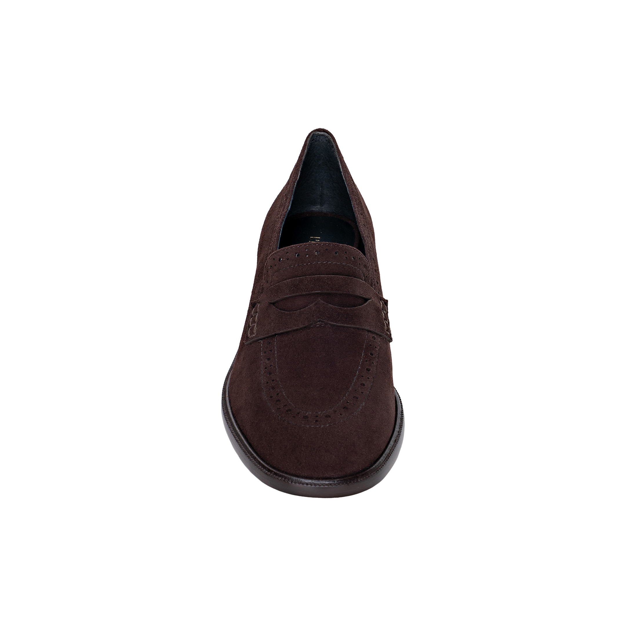 The Avriel Brogue Loafer is displayed from a top-down perspective against a white background. This women’s loafer in dark brown suede showcases classic penny loafer detailing, visible stitching, and an elegant almond toe silhouette.