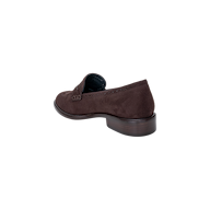 An Avriel Brogue Loafer for women in dark brown suede, featuring a low wooden heel, shown from the back left angle against a plain white background.