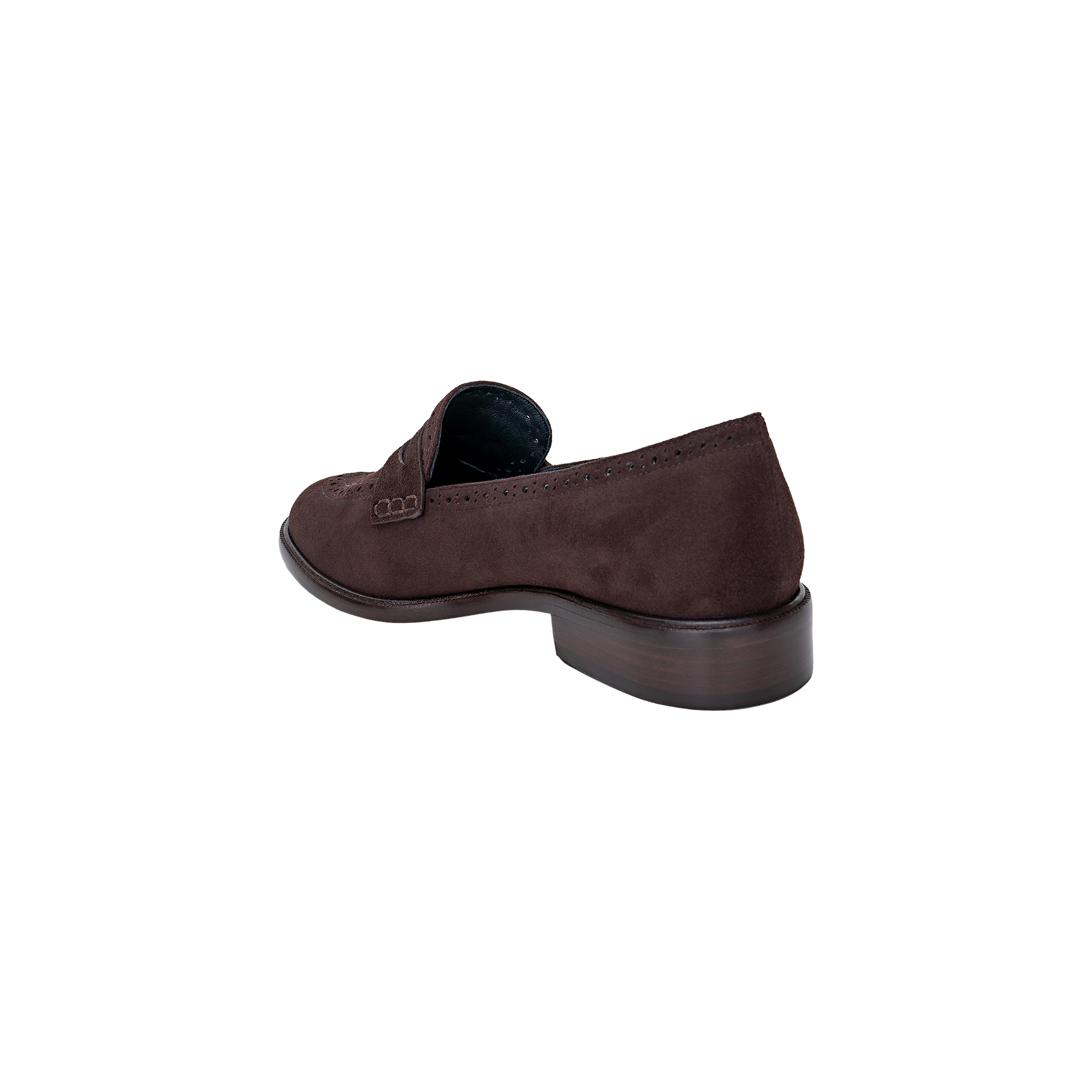 An Avriel Brogue Loafer for women in dark brown suede, featuring a low wooden heel, shown from the back left angle against a plain white background.