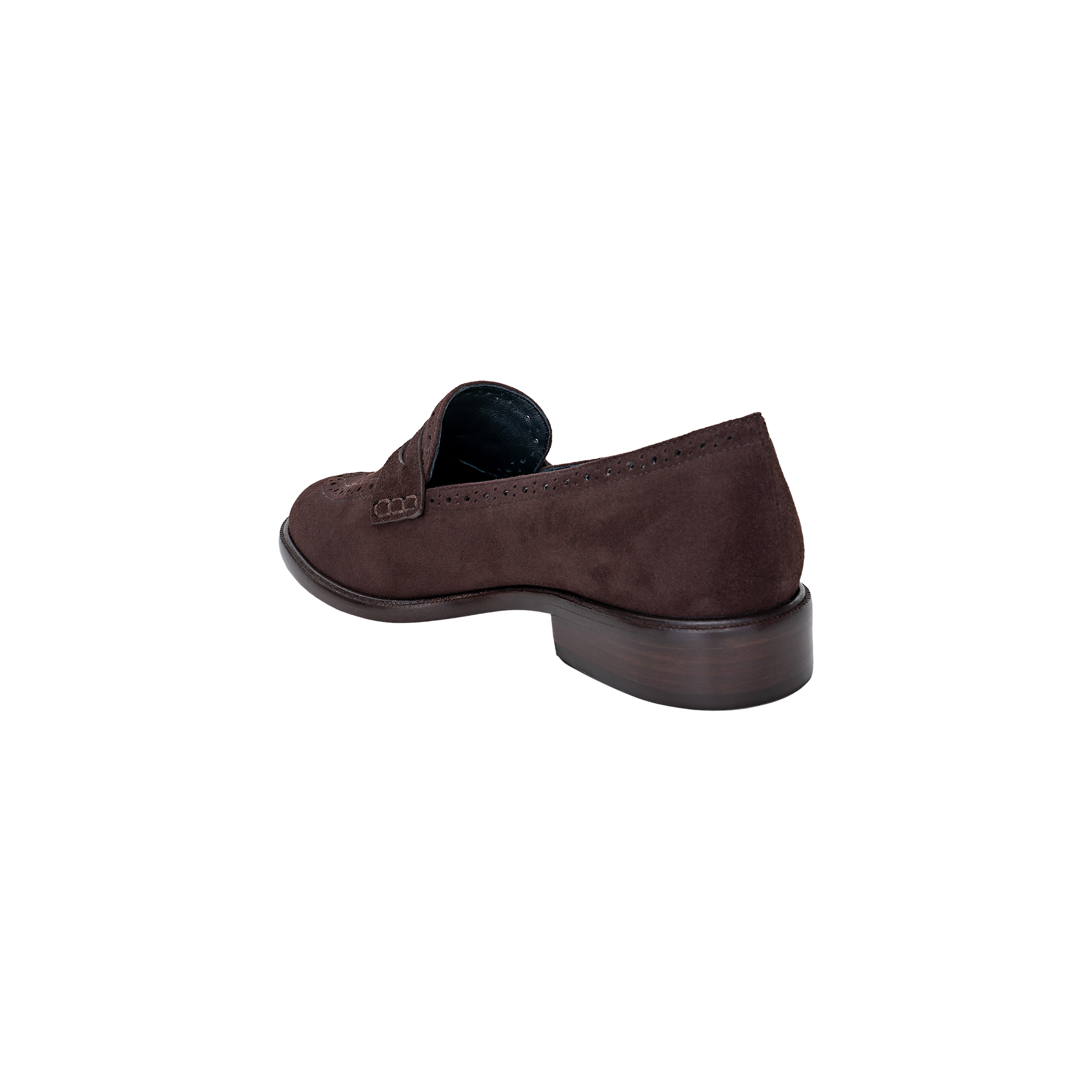 An Avriel Brogue Loafer for women in dark brown suede, featuring a low wooden heel, shown from the back left angle against a plain white background.