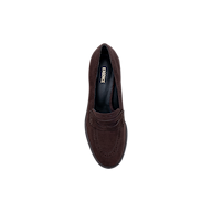 A top view of a single Avriel Brogue Loafer in dark brown suede with subtle stitching details, showcasing an elegant almond toe silhouette, displayed on a plain white background.