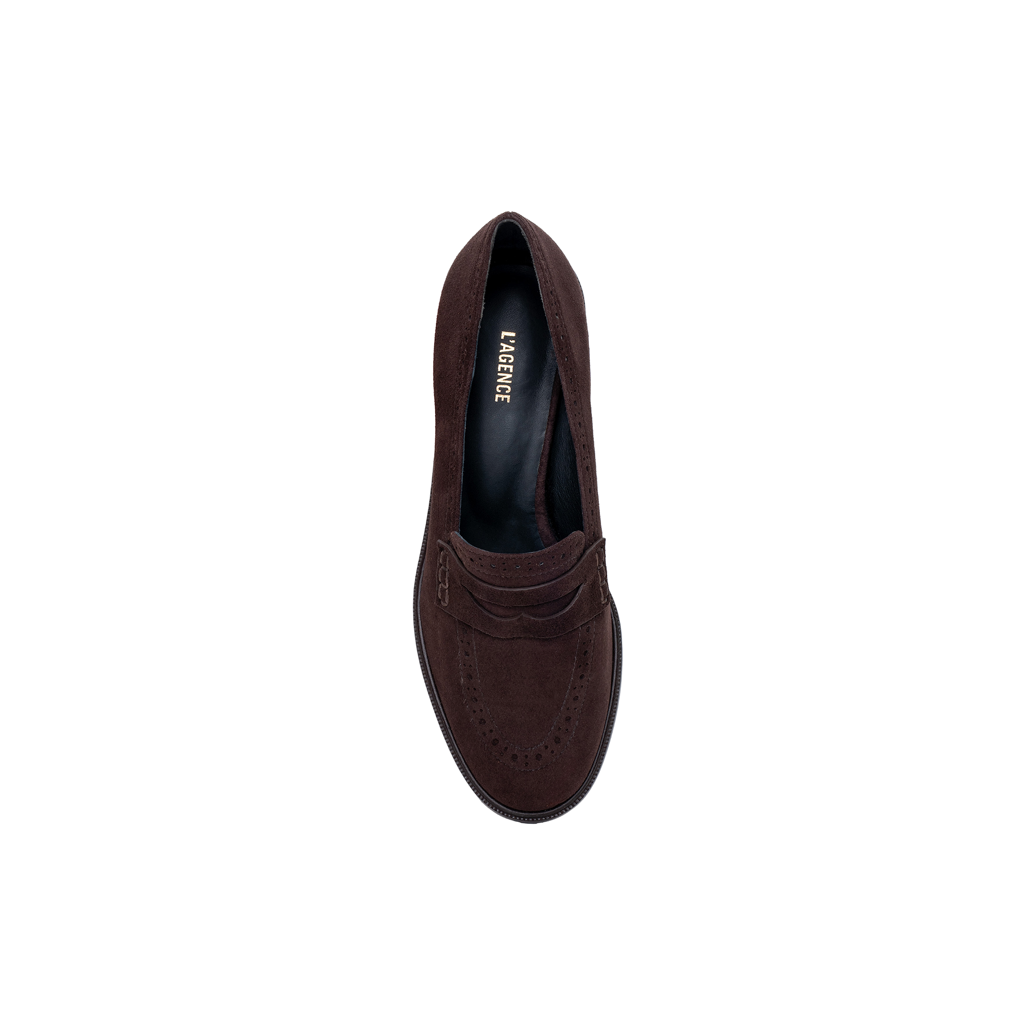 A top view of a single Avriel Brogue Loafer in dark brown suede with subtle stitching details, showcasing an elegant almond toe silhouette, displayed on a plain white background.