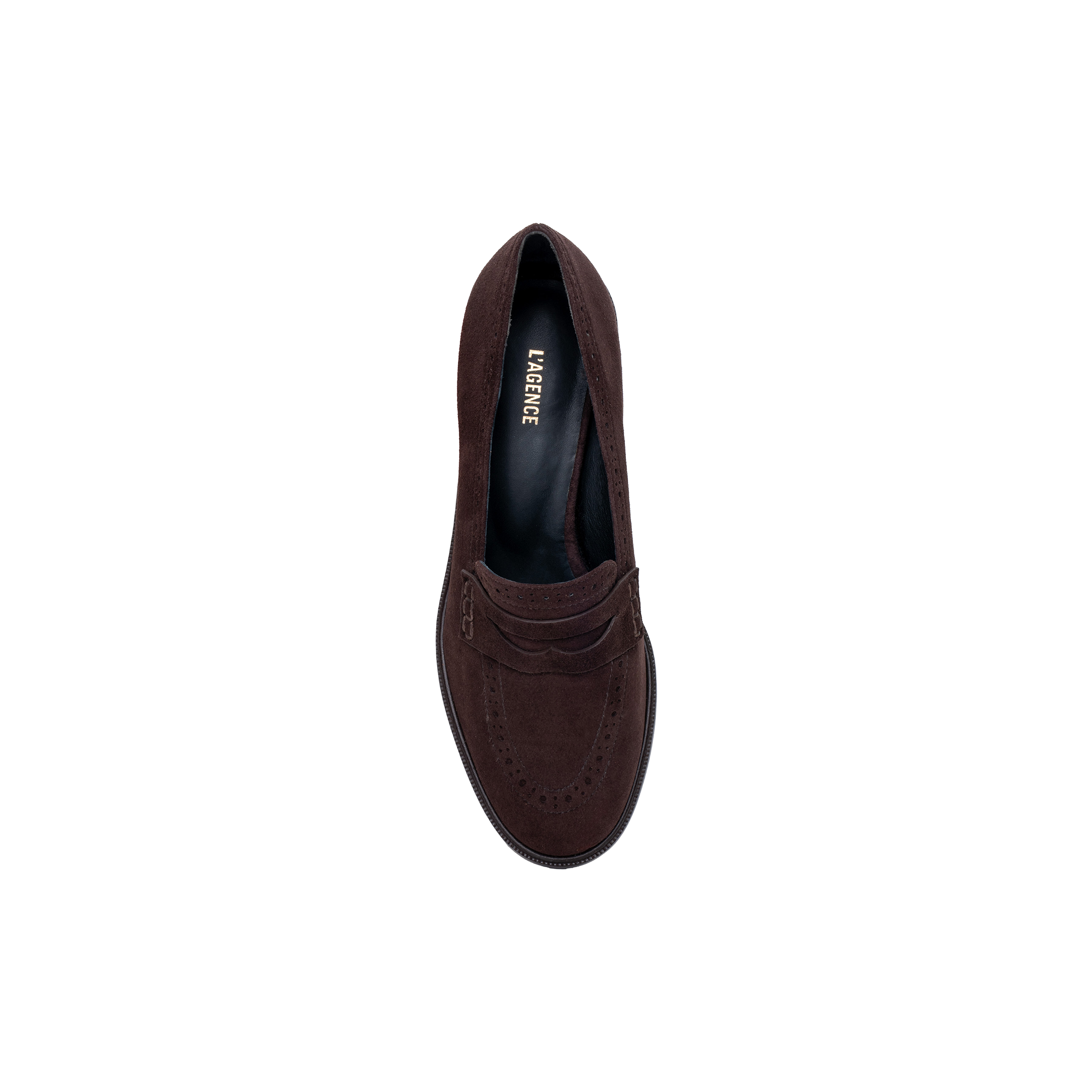 A top view of a single Avriel Brogue Loafer in dark brown suede with subtle stitching details, showcasing an elegant almond toe silhouette, displayed on a plain white background.