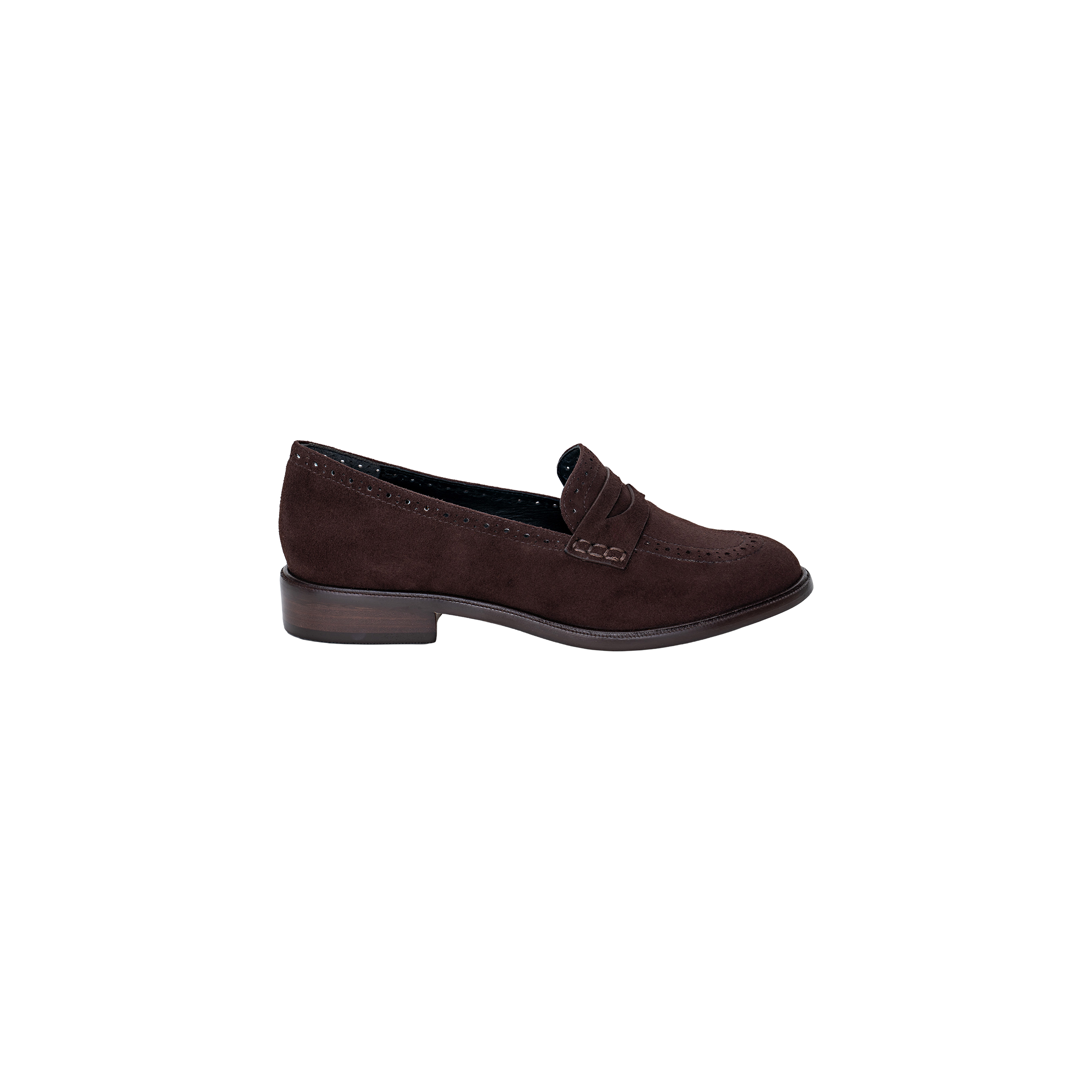 The Avriel Brogue Loafer is a single dark brown suede almond toe loafer featuring a low stacked heel and decorative strap detail, displayed on a plain white background.