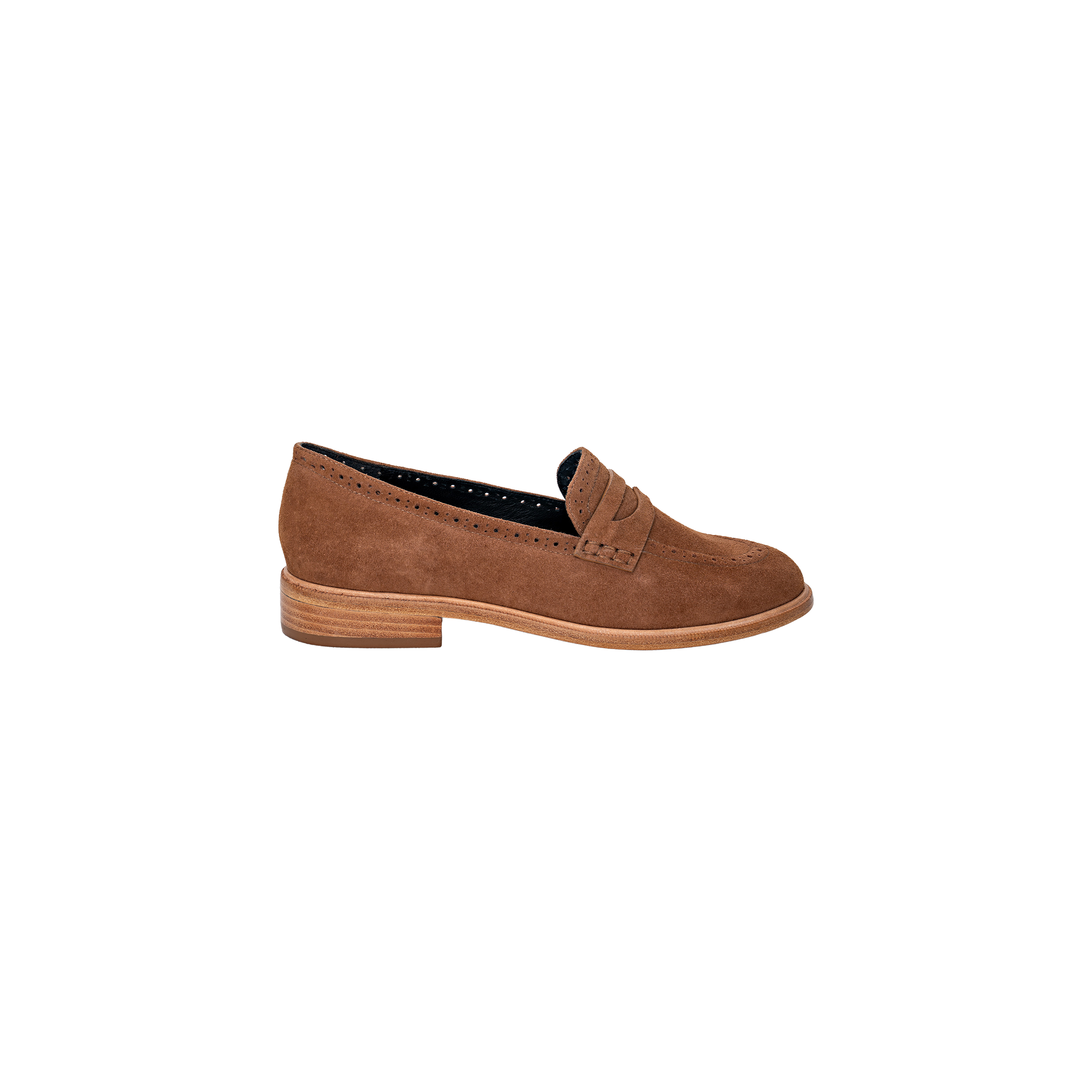The Avriel Brogue Loafer in brown suede features a low wooden heel, an almond toe, and a classic penny slot detail, displayed in profile against a plain white background.