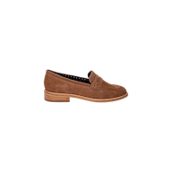 The Avriel Brogue Loafer in brown suede features a low wooden heel, an almond toe, and a classic penny slot detail, displayed in profile against a plain white background.
