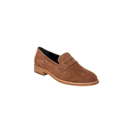 The Avriel Brogue Loafer is a brown suede shoe with an almond toe and a low wooden heel, featuring a classic slip-on design, displayed against a plain white background.