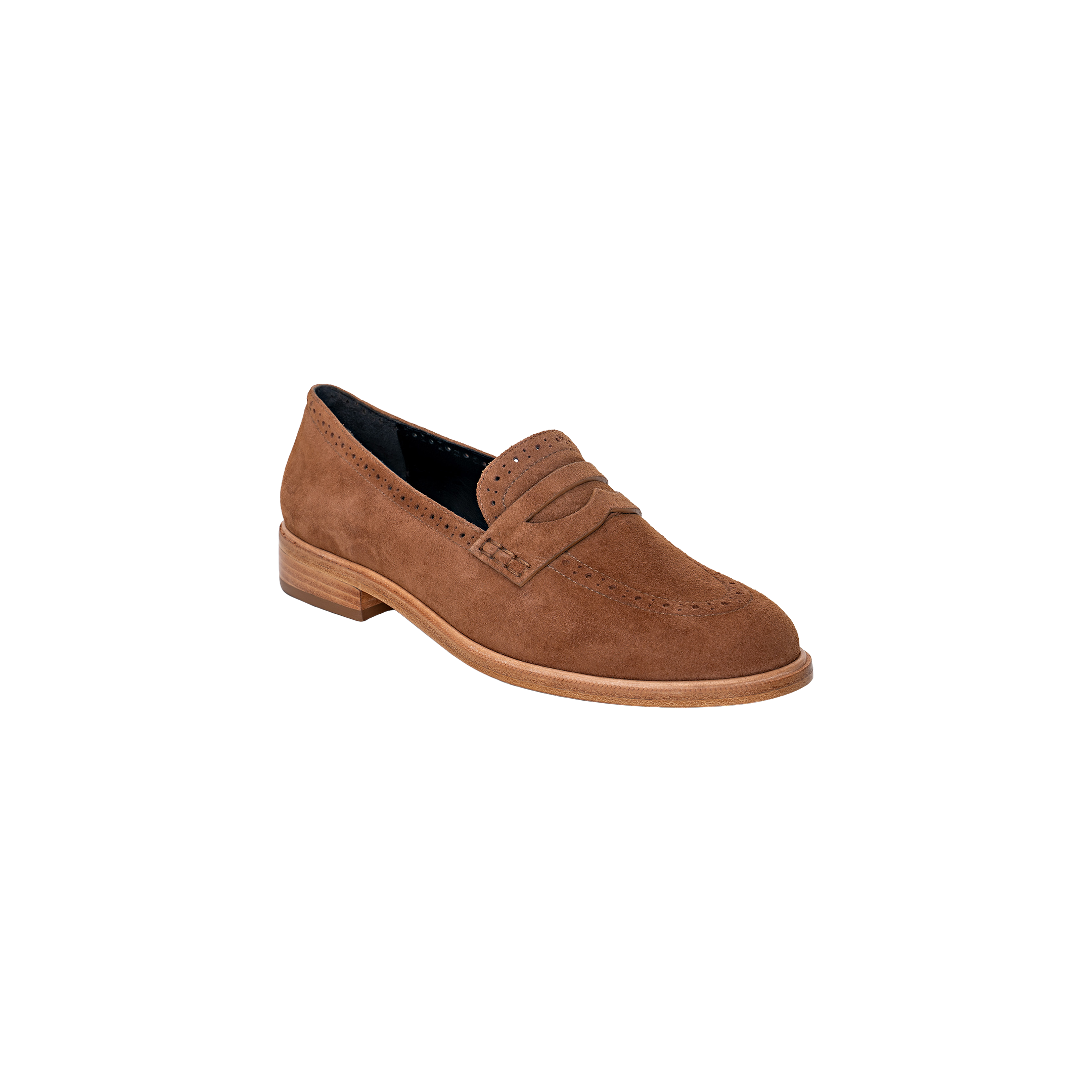 The Avriel Brogue Loafer is a brown suede shoe with an almond toe and a low wooden heel, featuring a classic slip-on design, displayed against a plain white background.