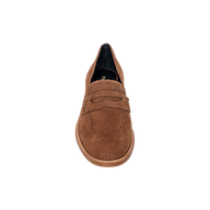 The Avriel Brogue Loafer in tan suede, featuring classic brogue detailing, an almond-shaped toe, and a penny strap, is shown from above against a plain white background.