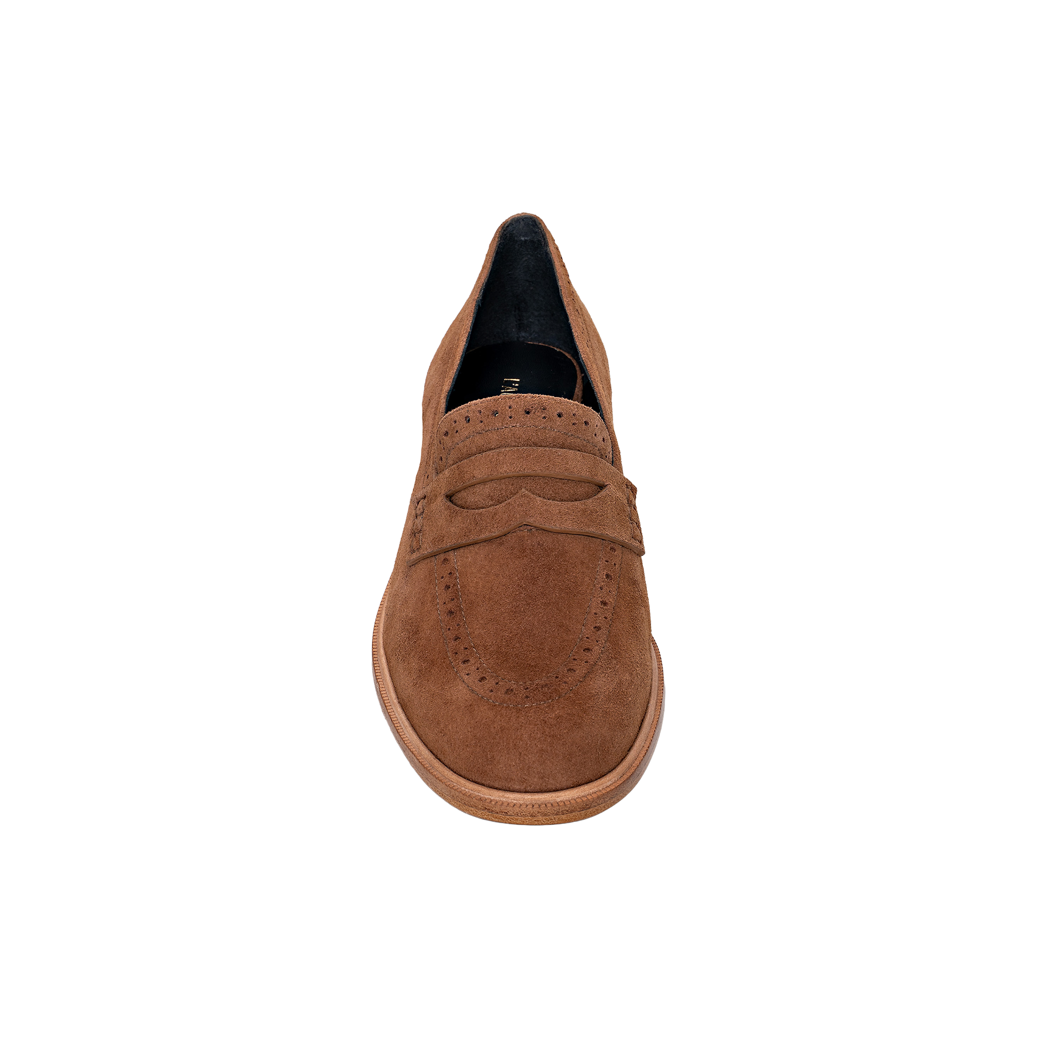 The Avriel Brogue Loafer in tan suede, featuring classic brogue detailing, an almond-shaped toe, and a penny strap, is shown from above against a plain white background.