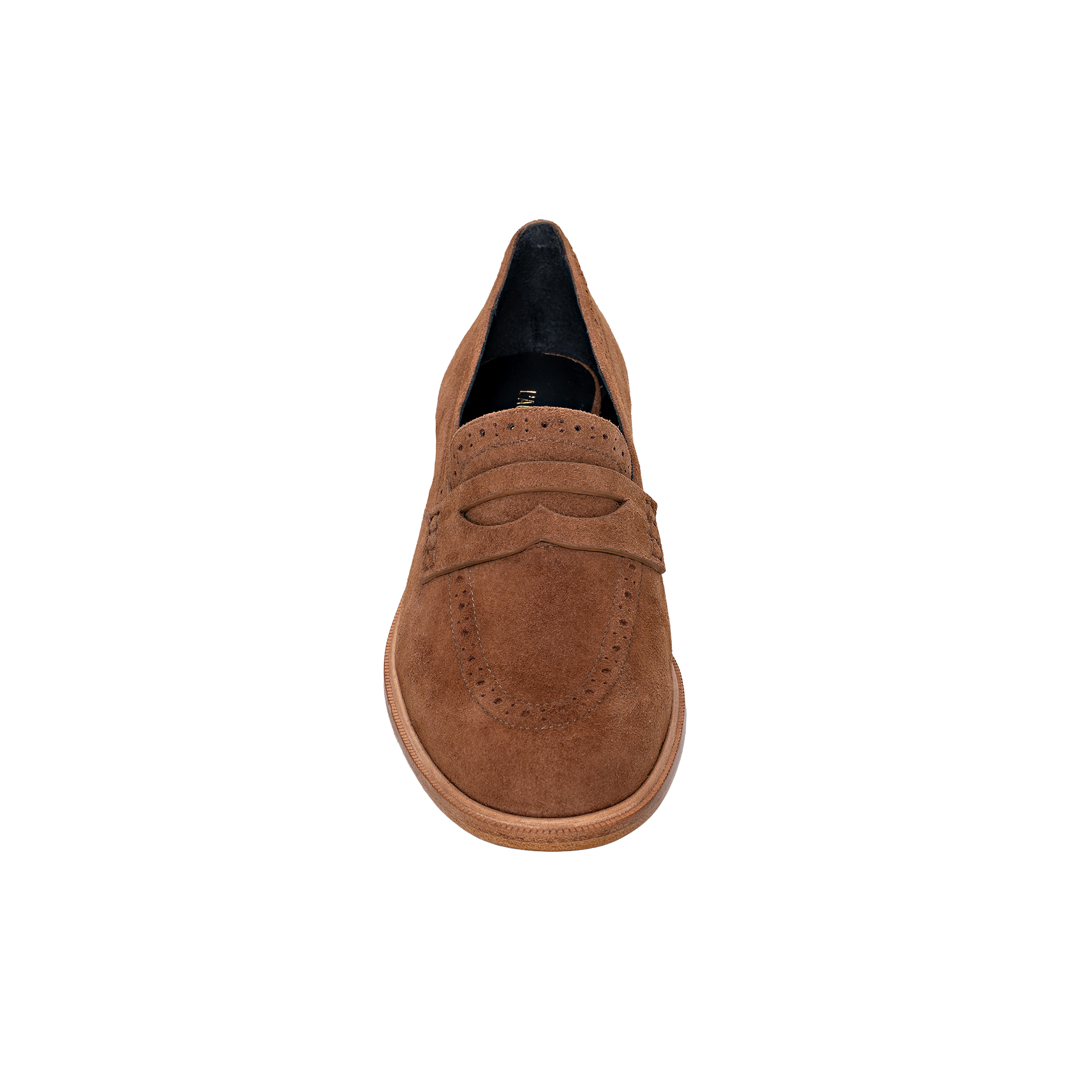 The Avriel Brogue Loafer in tan suede, featuring classic brogue detailing, an almond-shaped toe, and a penny strap, is shown from above against a plain white background.