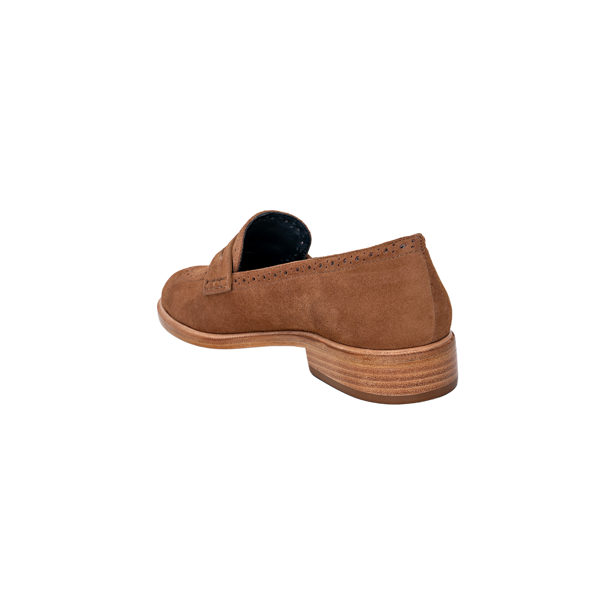 The Avriel Brogue Loafer in brown tan suede is shown from the back left angle, highlighting its almond toe design, wooden heel, and detailed stitching against a plain white background.