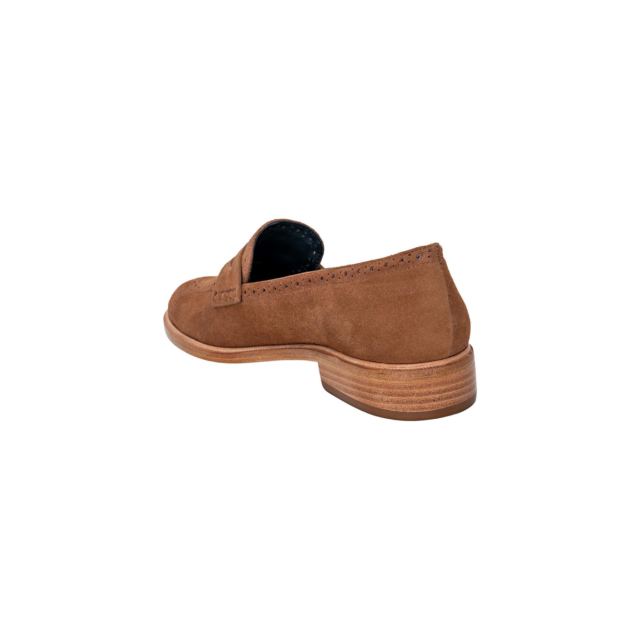 The Avriel Brogue Loafer in brown tan suede is shown from the back left angle, highlighting its almond toe design, wooden heel, and detailed stitching against a plain white background.
