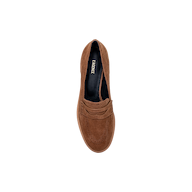 Top view of a single Avriel Brogue Loafer in tan suede with an almond toe and perforated detailing, featuring a black insole labeled LAFERINE, displayed on a plain white background.