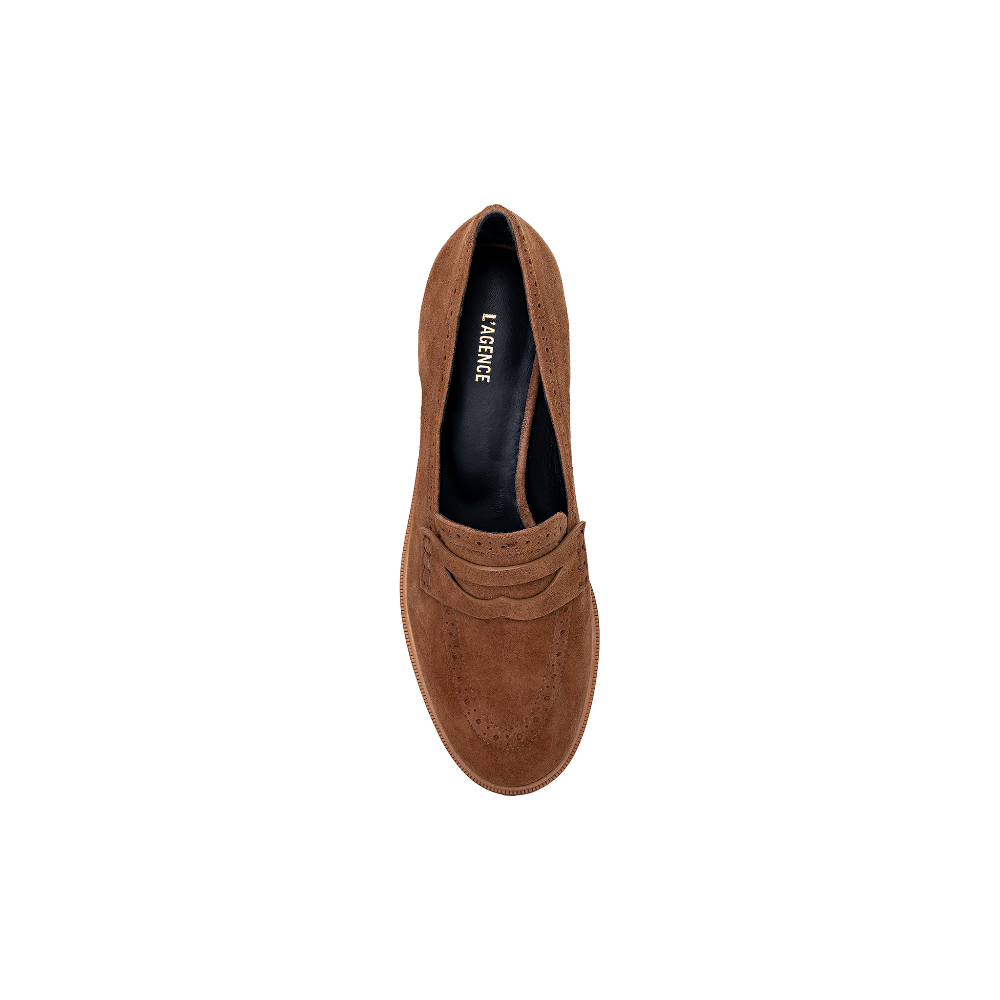 Top view of a single Avriel Brogue Loafer in tan suede with an almond toe and perforated detailing, featuring a black insole labeled LAFERINE, displayed on a plain white background.